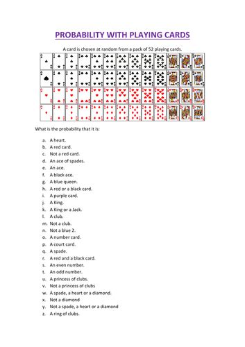 deck of cards probability worksheet|card probability questions.